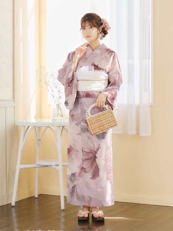 画像4: 【即日発送】アンティークフラワーピンク浴衣  【浴衣３点セット 浴衣/帯/下駄】[YMT] (4)
