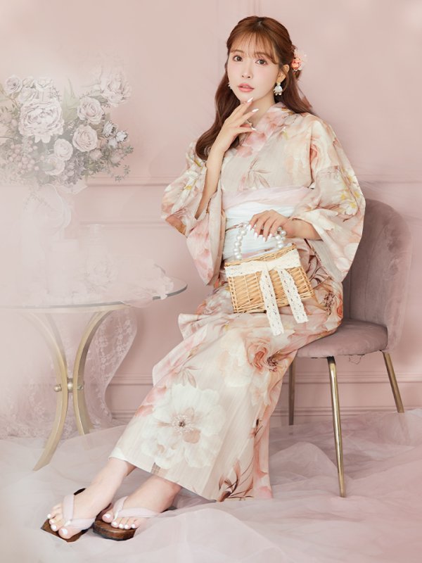 画像2: 【即日発送！】アンティークフラワーピンク浴衣  【浴衣３点セット 浴衣/帯/下駄】[YMT] (2)