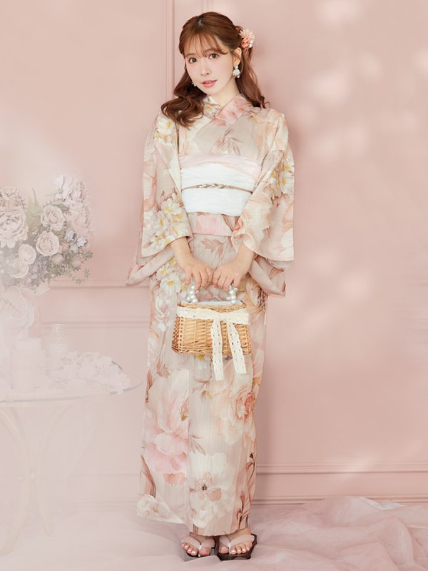 画像4: 【即日発送！】アンティークフラワーピンク浴衣  【浴衣３点セット 浴衣/帯/下駄】[YMT] (4)