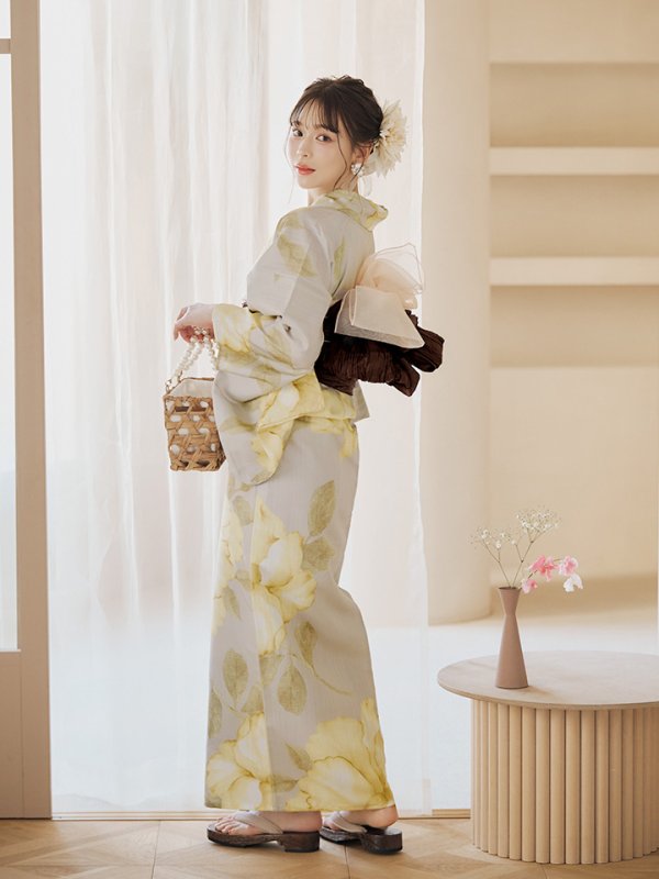 画像10: 【即日発送】【浴衣セール！】グレージュ×イエローフラワー浴衣  【浴衣３点セット 浴衣/帯/下駄】[YMT] (10)