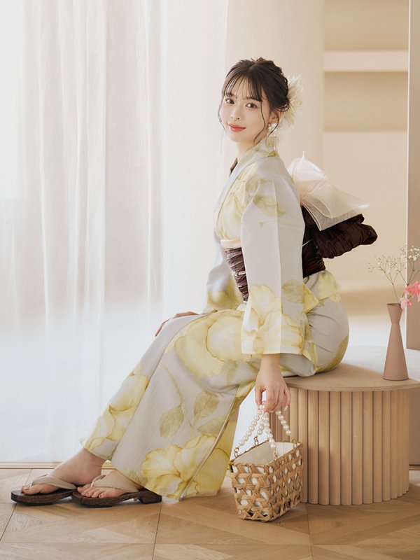 画像17: 【即日発送】【浴衣セール！】グレージュ×イエローフラワー浴衣  【浴衣３点セット 浴衣/帯/下駄】[YMT] (17)