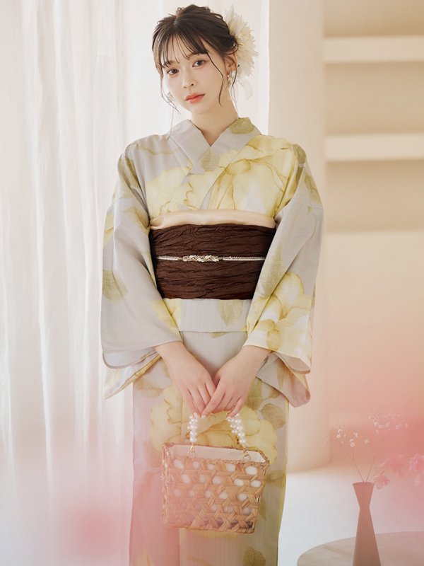 画像3: 【即日発送】【浴衣セール！】グレージュ×イエローフラワー浴衣  【浴衣３点セット 浴衣/帯/下駄】[YMT] (3)