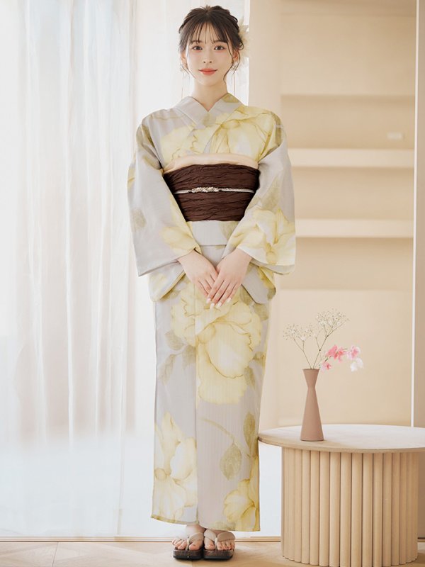 画像4: 【即日発送】【浴衣セール！】グレージュ×イエローフラワー浴衣  【浴衣３点セット 浴衣/帯/下駄】[YMT] (4)