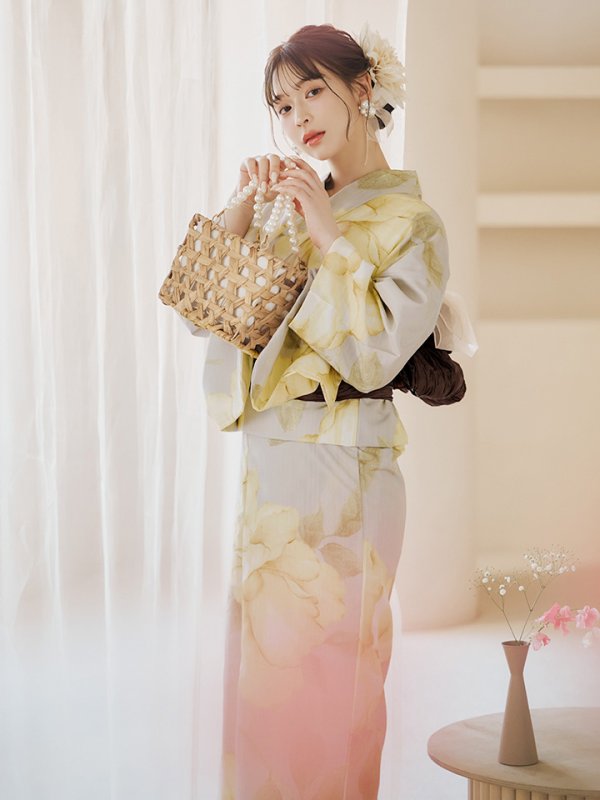 画像5: 【即日発送】【浴衣セール！】グレージュ×イエローフラワー浴衣  【浴衣３点セット 浴衣/帯/下駄】[YMT] (5)