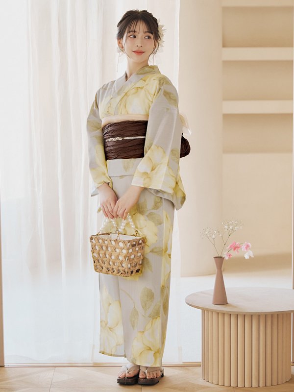 画像9: 【即日発送】【浴衣セール！】グレージュ×イエローフラワー浴衣  【浴衣３点セット 浴衣/帯/下駄】[YMT] (9)