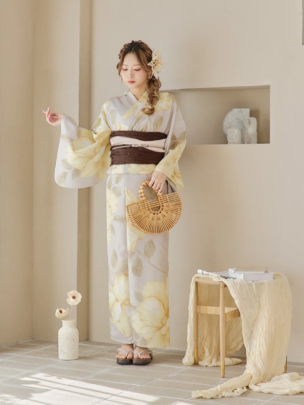 画像10: 【即日発送】【浴衣セール！】グレージュ×イエローフラワー浴衣  【浴衣３点セット 浴衣/帯/下駄】[YMT] (10)