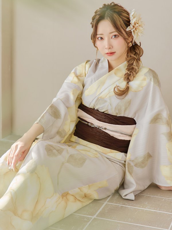 画像11: 【即日発送】【浴衣セール！】グレージュ×イエローフラワー浴衣  【浴衣３点セット 浴衣/帯/下駄】[YMT] (11)