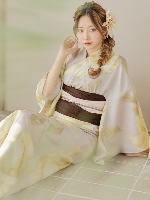 画像13: 【即日発送】【浴衣セール！】グレージュ×イエローフラワー浴衣  【浴衣３点セット 浴衣/帯/下駄】[YMT] (13)