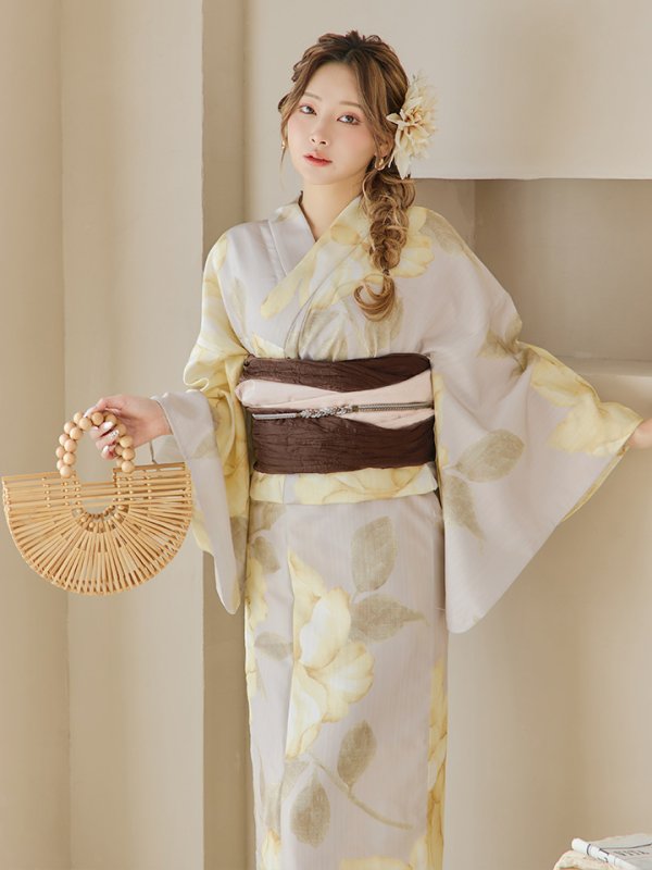 画像18: 【即日発送】【浴衣セール！】グレージュ×イエローフラワー浴衣  【浴衣３点セット 浴衣/帯/下駄】[YMT] (18)