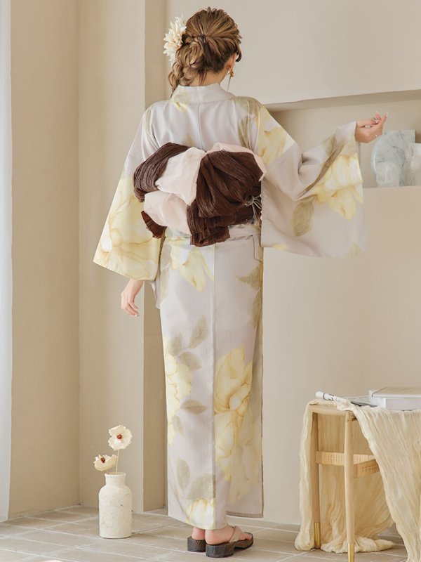 画像19: 【即日発送】【浴衣セール！】グレージュ×イエローフラワー浴衣  【浴衣３点セット 浴衣/帯/下駄】[YMT] (19)