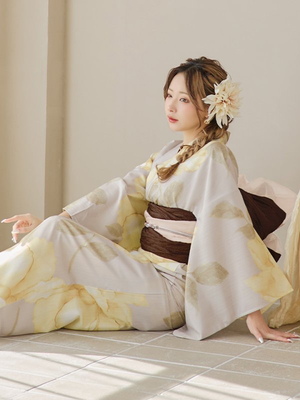 画像3: 【即日発送】【浴衣セール！】グレージュ×イエローフラワー浴衣  【浴衣３点セット 浴衣/帯/下駄】[YMT] (3)