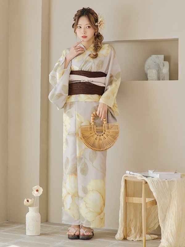 画像4: 【即日発送】【浴衣セール！】グレージュ×イエローフラワー浴衣  【浴衣３点セット 浴衣/帯/下駄】[YMT] (4)