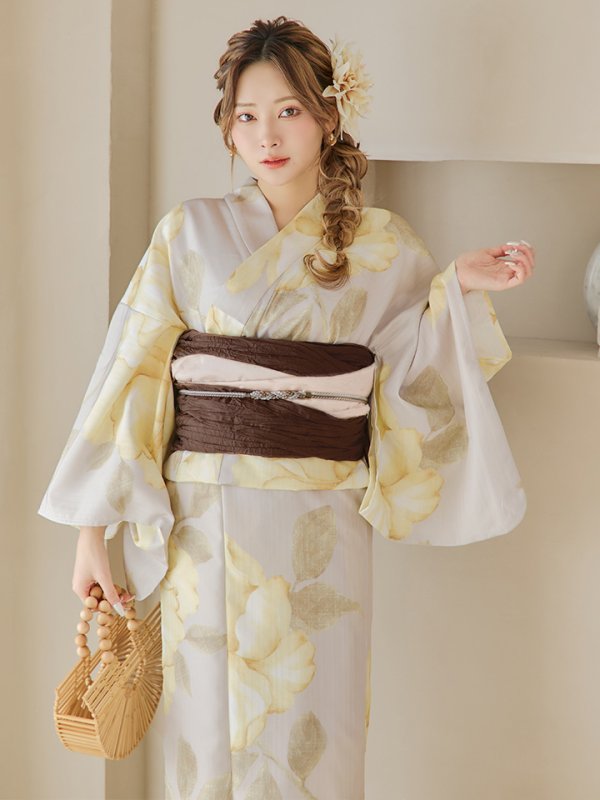 画像6: 【即日発送】【浴衣セール！】グレージュ×イエローフラワー浴衣  【浴衣３点セット 浴衣/帯/下駄】[YMT] (6)