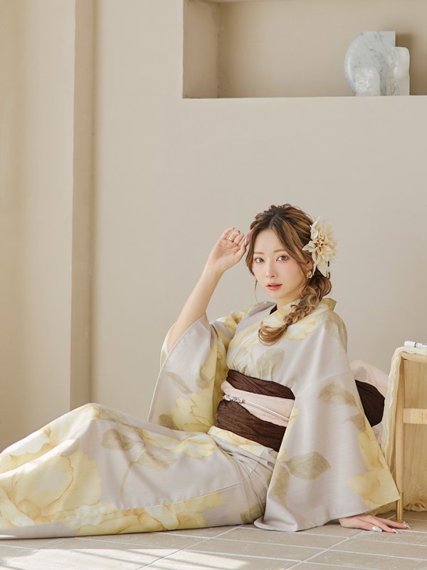 画像7: 【即日発送】【浴衣セール！】グレージュ×イエローフラワー浴衣  【浴衣３点セット 浴衣/帯/下駄】[YMT] (7)