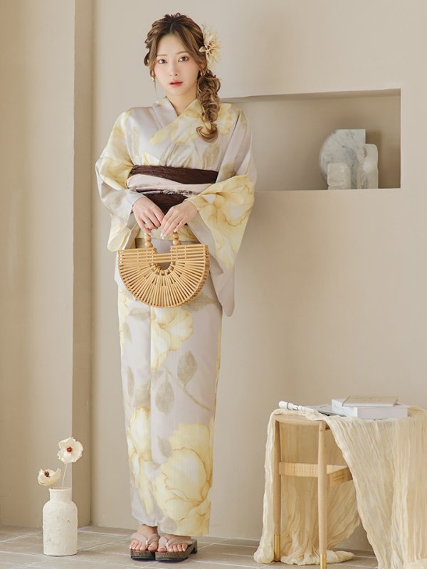 画像8: 【即日発送】【浴衣セール！】グレージュ×イエローフラワー浴衣  【浴衣３点セット 浴衣/帯/下駄】[YMT] (8)