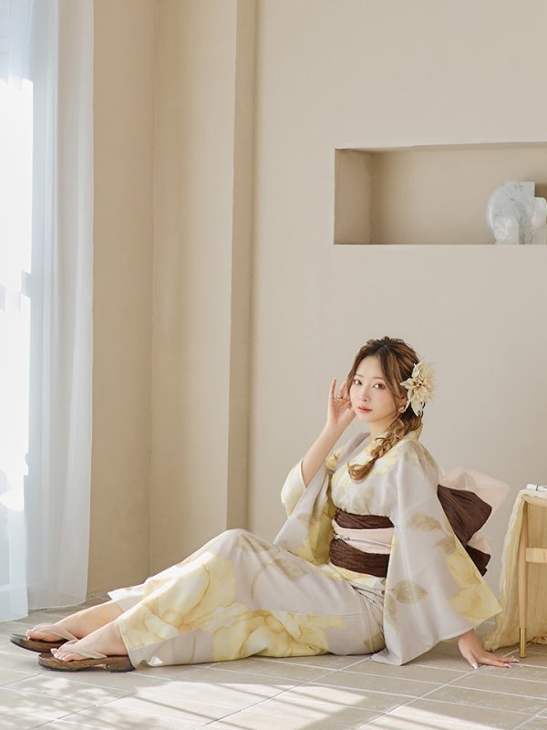 画像9: 【即日発送】【浴衣セール！】グレージュ×イエローフラワー浴衣  【浴衣３点セット 浴衣/帯/下駄】[YMT] (9)