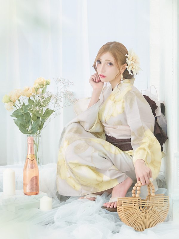 画像10: 【即日発送】【浴衣セール！】グレージュ×イエローフラワー浴衣  【浴衣３点セット 浴衣/帯/下駄】[YMT] (10)