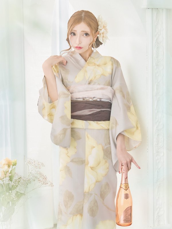 画像12: 【即日発送】【浴衣セール！】グレージュ×イエローフラワー浴衣  【浴衣３点セット 浴衣/帯/下駄】[YMT] (12)