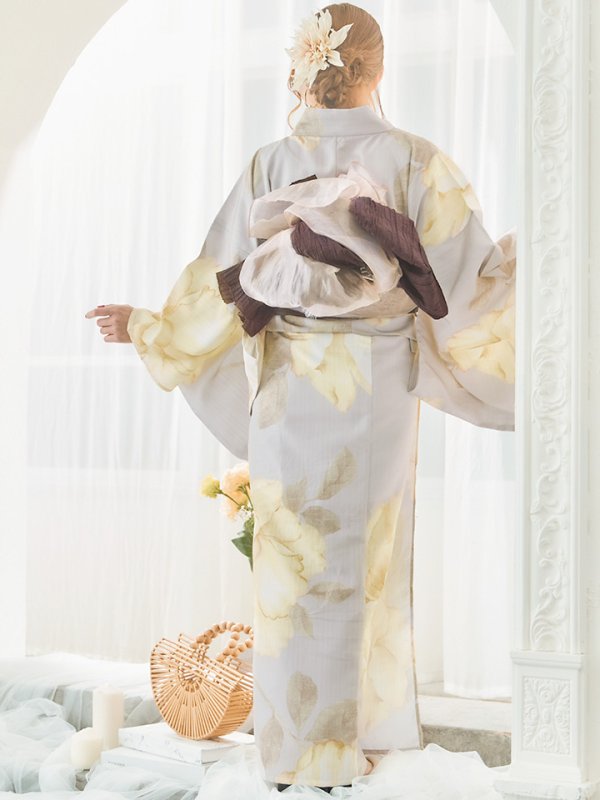 画像16: 【即日発送】【浴衣セール！】グレージュ×イエローフラワー浴衣  【浴衣３点セット 浴衣/帯/下駄】[YMT] (16)