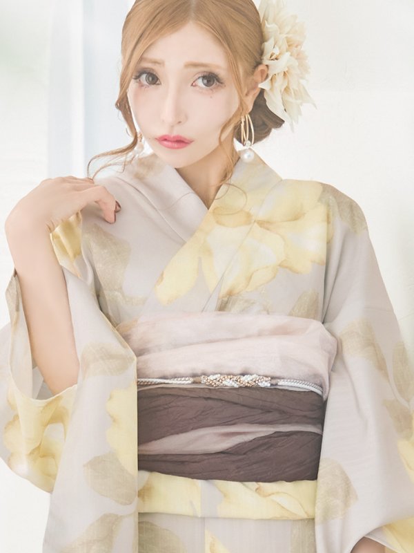 画像17: 【即日発送】【浴衣セール！】グレージュ×イエローフラワー浴衣  【浴衣３点セット 浴衣/帯/下駄】[YMT] (17)