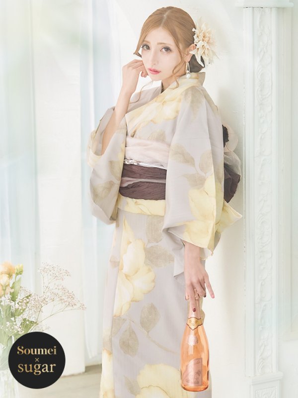 画像2: 【即日発送】【浴衣セール！】グレージュ×イエローフラワー浴衣  【浴衣３点セット 浴衣/帯/下駄】[YMT] (2)