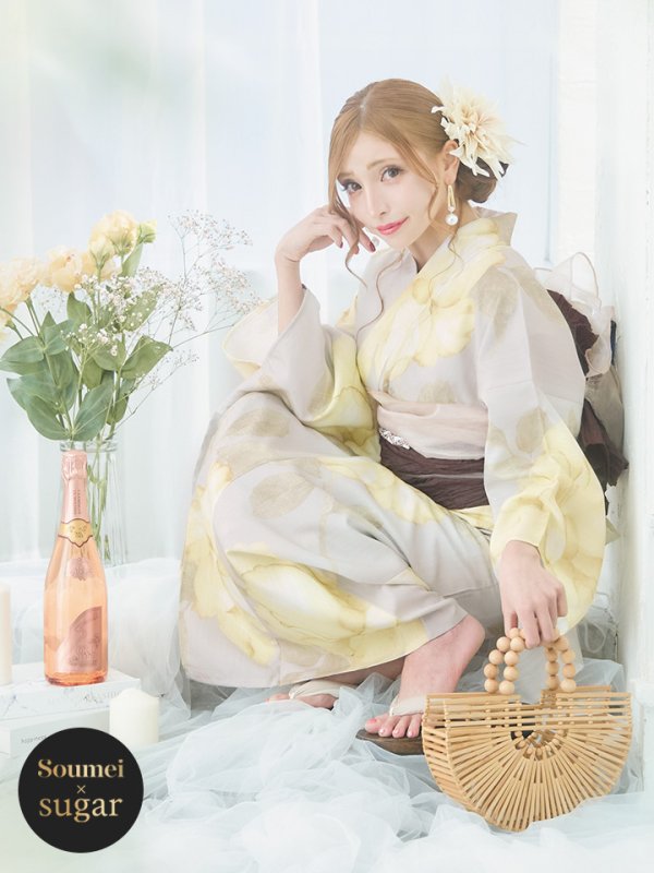 画像3: 【即日発送】【浴衣セール！】グレージュ×イエローフラワー浴衣  【浴衣３点セット 浴衣/帯/下駄】[YMT] (3)