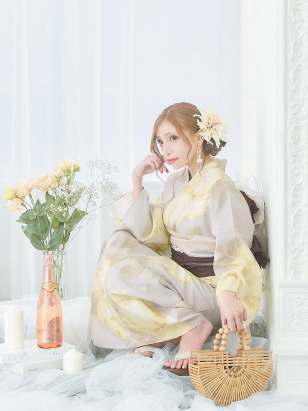 画像5: 【即日発送】【浴衣セール！】グレージュ×イエローフラワー浴衣  【浴衣３点セット 浴衣/帯/下駄】[YMT] (5)
