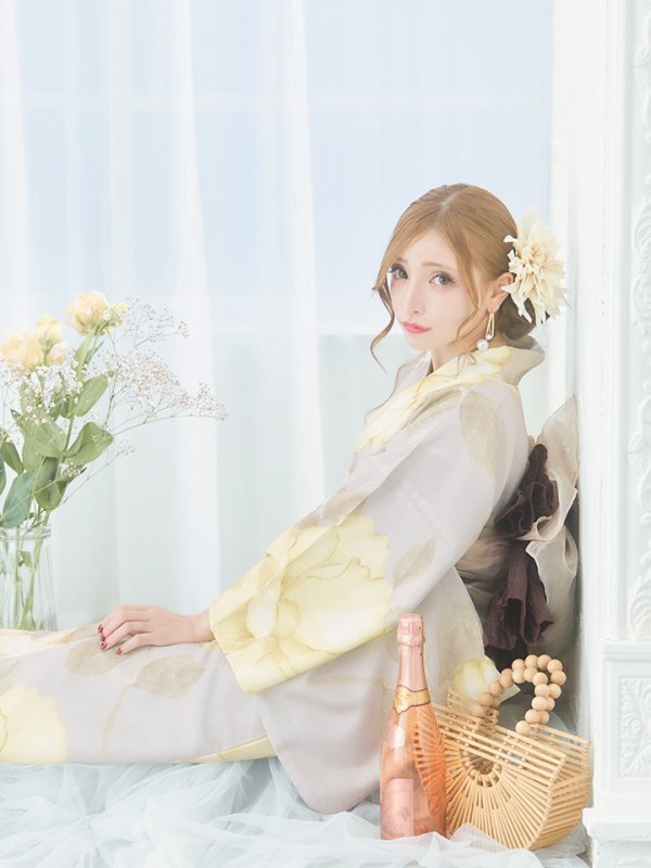 画像7: 【即日発送】【浴衣セール！】グレージュ×イエローフラワー浴衣  【浴衣３点セット 浴衣/帯/下駄】[YMT] (7)