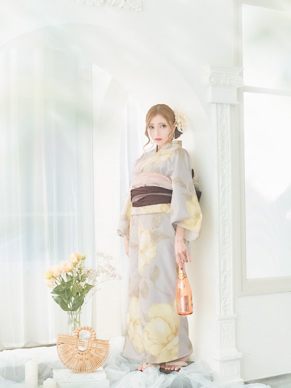 画像9: 【即日発送】【浴衣セール！】グレージュ×イエローフラワー浴衣  【浴衣３点セット 浴衣/帯/下駄】[YMT] (9)