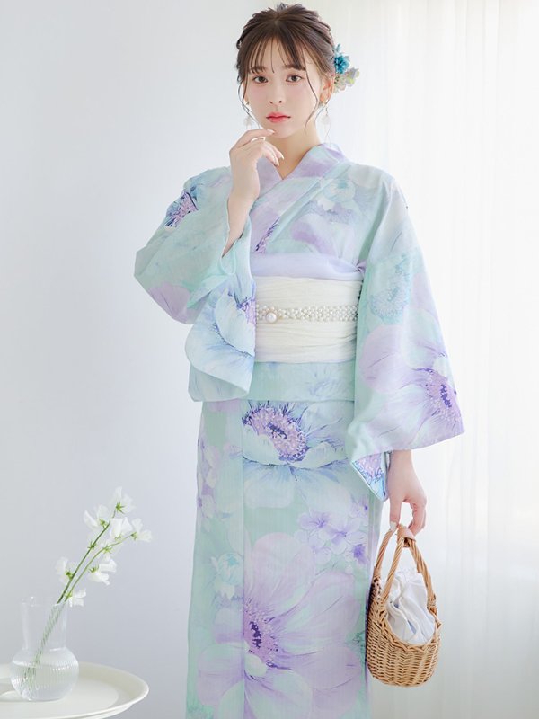 画像2: 【即日発送】ニュアンスフラワーミント牡丹浴衣  【浴衣３点セット 浴衣/帯/下駄】[YMT] (2)