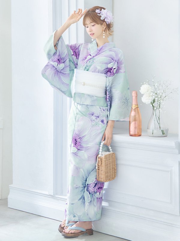 画像4: 【即日発送】ニュアンスフラワーミント牡丹浴衣  【浴衣３点セット 浴衣/帯/下駄】[YMT] (4)