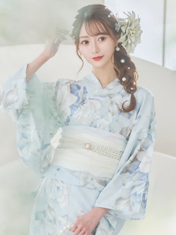 画像10: 【即日発送】クラシカルローズブルー浴衣  【浴衣３点セット 浴衣/帯/下駄】[YMT] (10)