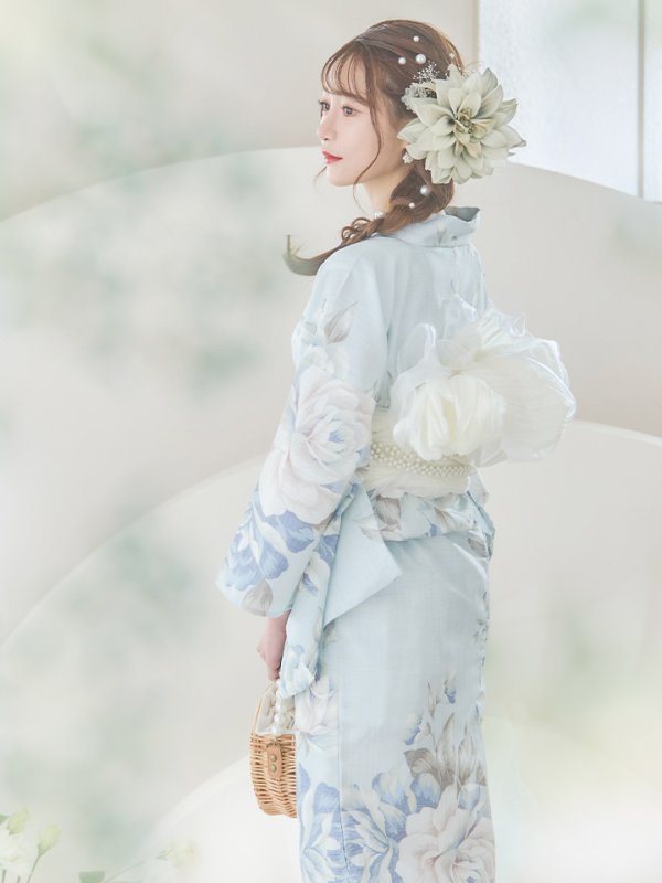 画像13: 【即日発送】クラシカルローズブルー浴衣  【浴衣３点セット 浴衣/帯/下駄】[YMT] (13)