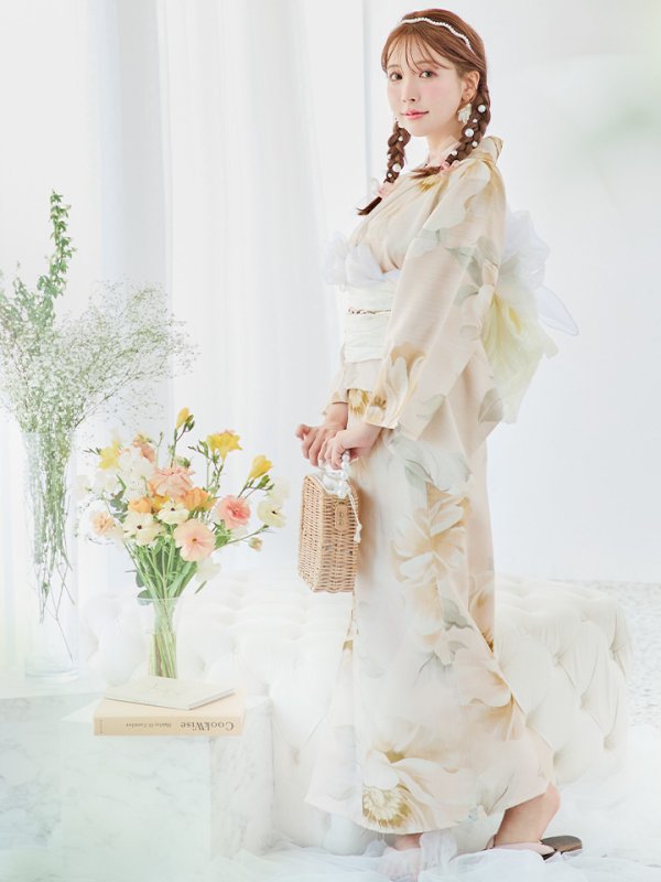 画像2: 【即日発送！】クリームイエローピオニー浴衣  【浴衣３点セット 浴衣/帯/下駄】[YMT] (2)