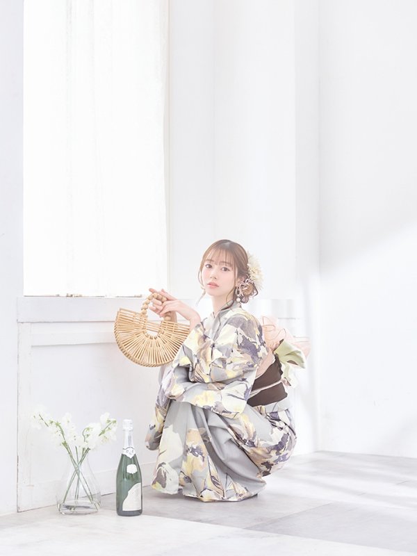 画像11: 【即日発送】グレージュニュアンスフラワー浴衣  【浴衣３点セット 浴衣/帯/下駄】[YMT] (11)