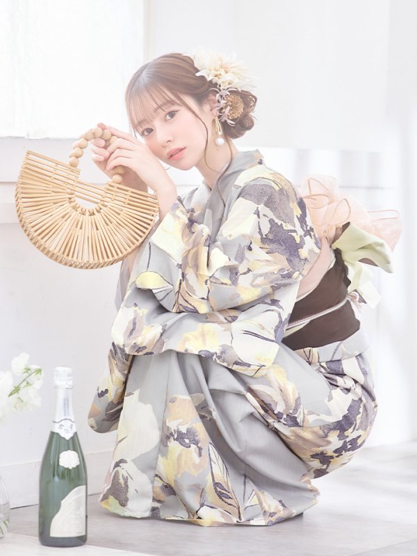 画像12: 【即日発送】グレージュニュアンスフラワー浴衣  【浴衣３点セット 浴衣/帯/下駄】[YMT] (12)
