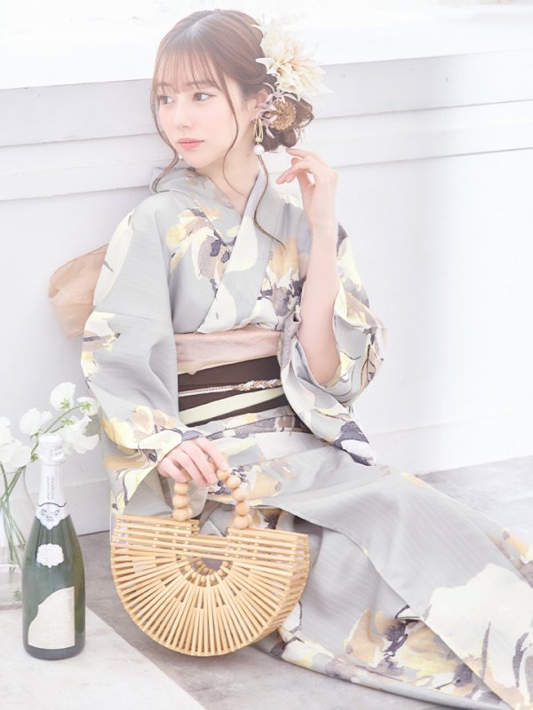 画像15: 【即日発送】グレージュニュアンスフラワー浴衣  【浴衣３点セット 浴衣/帯/下駄】[YMT] (15)