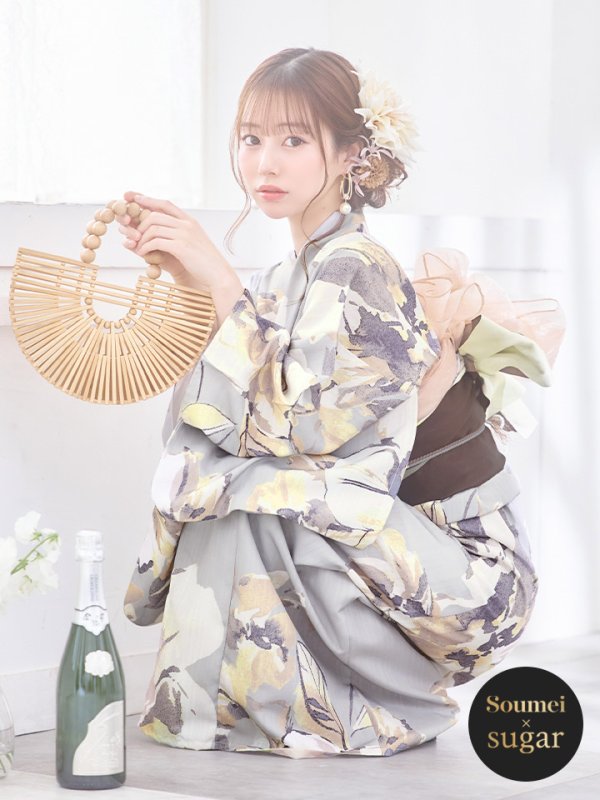 画像2: 【即日発送】グレージュニュアンスフラワー浴衣  【浴衣３点セット 浴衣/帯/下駄】[YMT] (2)