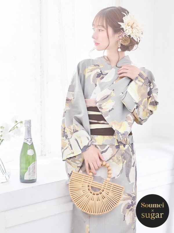 画像3: 【即日発送】グレージュニュアンスフラワー浴衣  【浴衣３点セット 浴衣/帯/下駄】[YMT] (3)