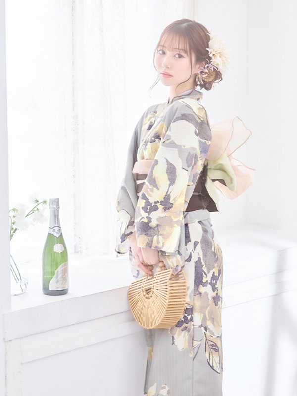 画像9: 【即日発送】グレージュニュアンスフラワー浴衣  【浴衣３点セット 浴衣/帯/下駄】[YMT] (9)
