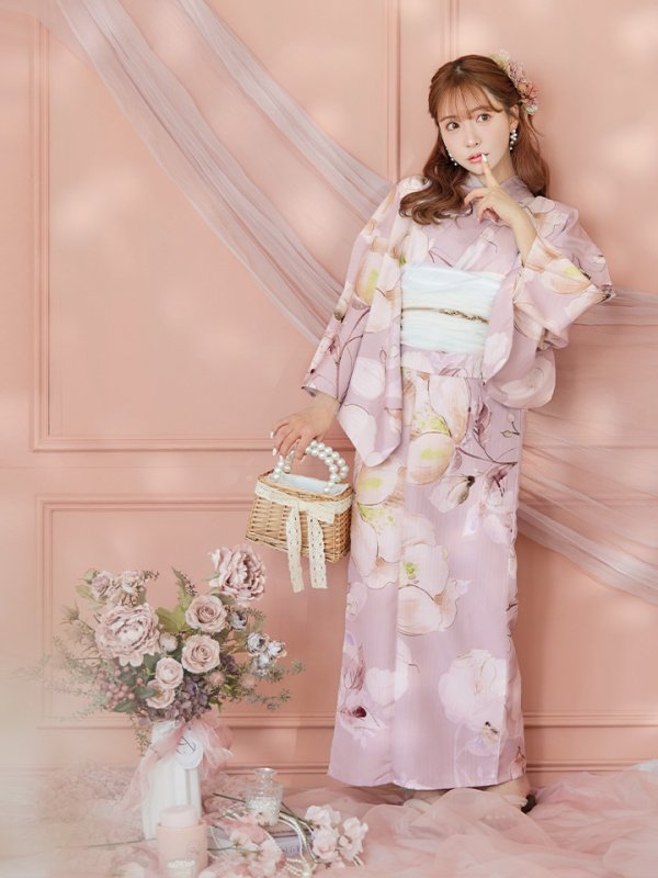 画像14: 【即日発送】大人くすみピンクx牡丹浴衣  【浴衣３点セット 浴衣/帯/下駄】[YMT] (14)