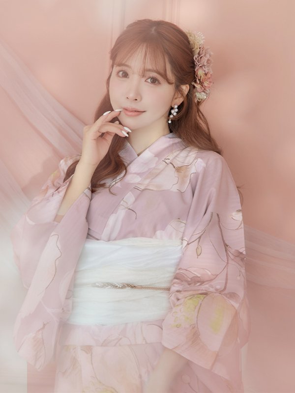 画像3: 【即日発送】大人くすみピンクx牡丹浴衣  【浴衣３点セット 浴衣/帯/下駄】[YMT] (3)