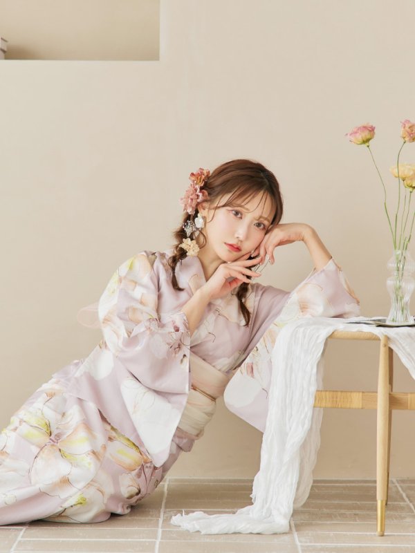 帯飾り　コサージュ付き　大人くすみピンクx牡丹浴衣 即日発送！】大人くすみピンクx牡丹浴衣 【浴衣3点セット 浴衣