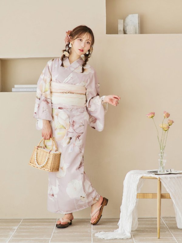 画像3: 【即日発送！】大人くすみピンクx牡丹浴衣  【浴衣３点セット 浴衣/帯/下駄】[YMT] (3)