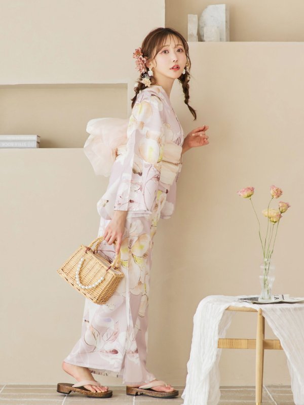 画像6: 【即日発送！】大人くすみピンクx牡丹浴衣  【浴衣３点セット 浴衣/帯/下駄】[YMT] (6)