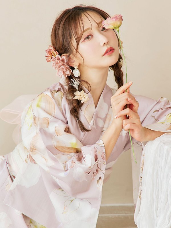 画像10: 【即日発送！】大人くすみピンクx牡丹浴衣  【浴衣３点セット 浴衣/帯/下駄】[YMT] (10)