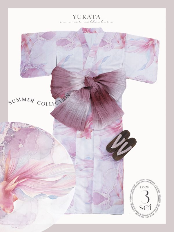 画像10: 【即日発送】ニュアンスピンク金魚浴衣  【浴衣３点セット 浴衣/帯/下駄】[YMT] (10)