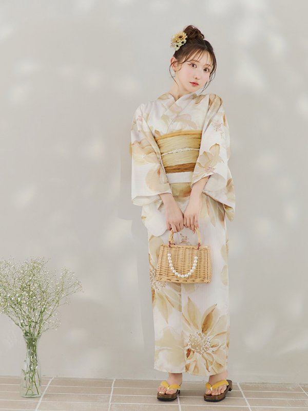 画像10: 【即日発送】水彩イエローフラワー浴衣  【浴衣３点セット 浴衣/帯/下駄】[YMT] (10)