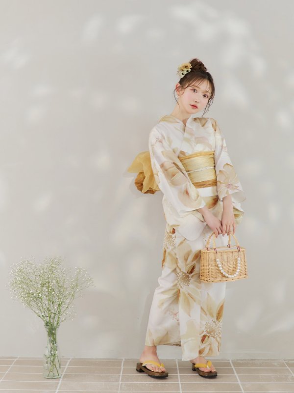 画像12: 【即日発送】水彩イエローフラワー浴衣  【浴衣３点セット 浴衣/帯/下駄】[YMT] (12)