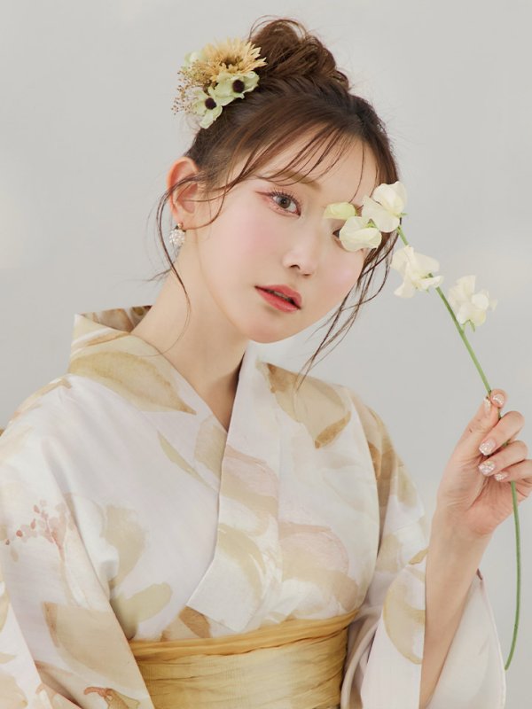 画像13: 【即日発送】水彩イエローフラワー浴衣  【浴衣３点セット 浴衣/帯/下駄】[YMT] (13)